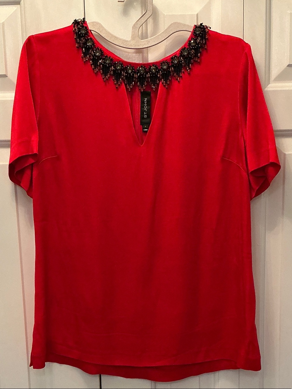 St. John Red Short-Sleeve Blouse with Beaded Neckline